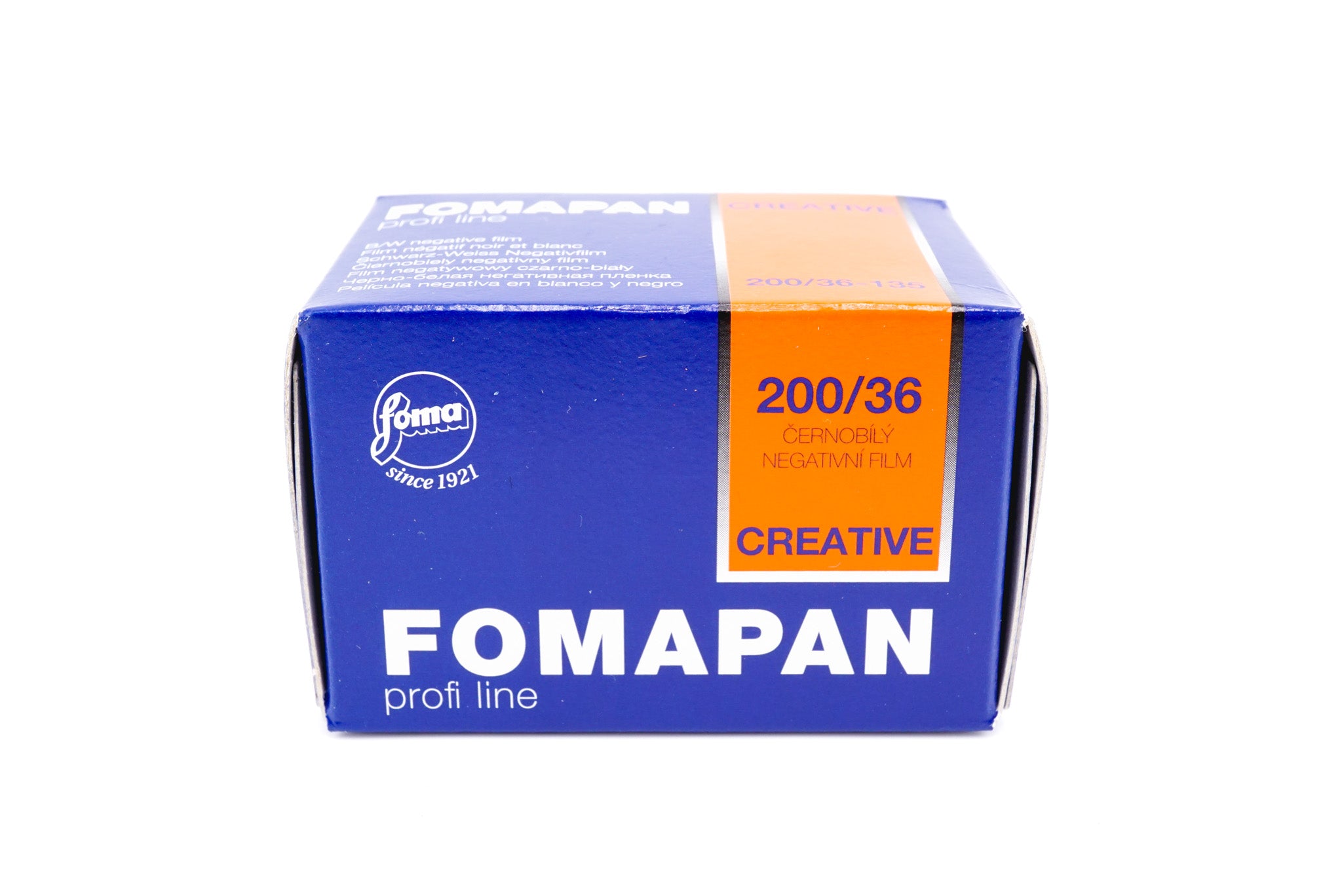 A Fomapan 200 black and white negative film roll box on a white background. For 35mm cameras.