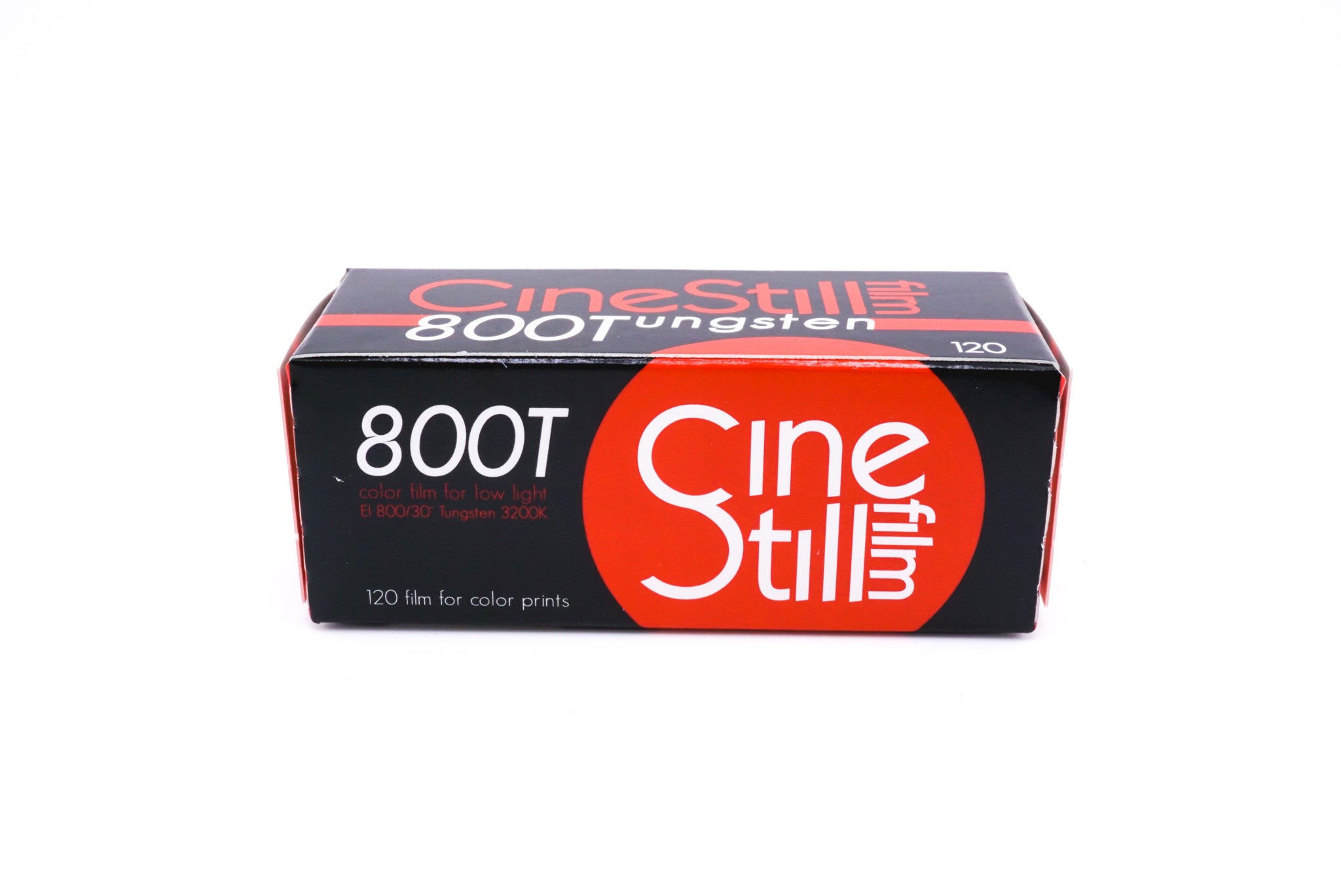 A CineStill 800T film roll in a package with a white background. 120mm film for medium format cameras.