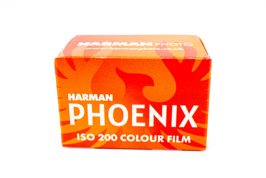 Harman Phoenix 200 color film box on a white background. For 35mm cameras.  