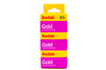 A 3-pack Kodak Gold 200 color negative film roll box on a white background. For 35mm cameras.  