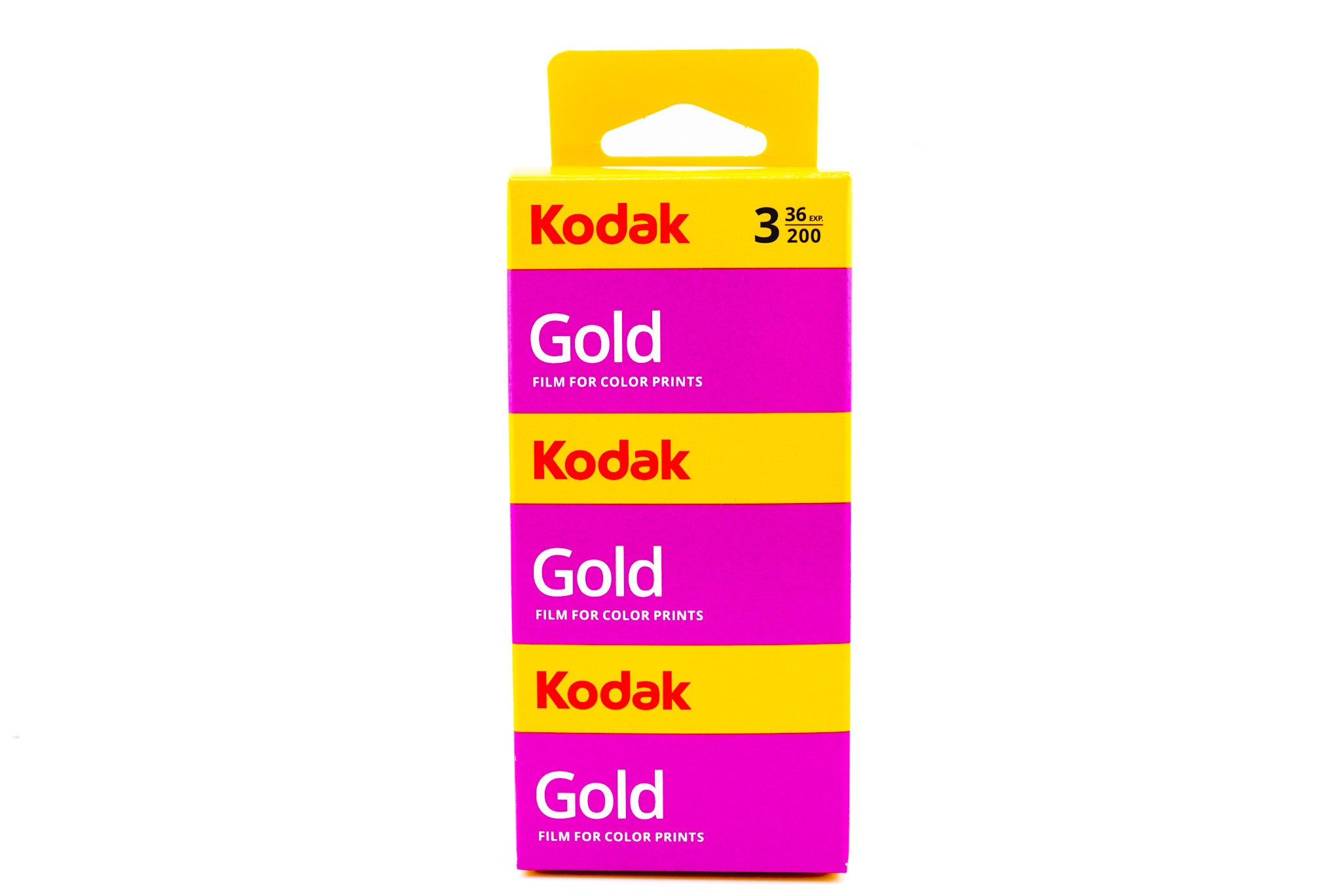 A 3-pack Kodak Gold 200 color negative film roll box on a white background. For 35mm cameras.  