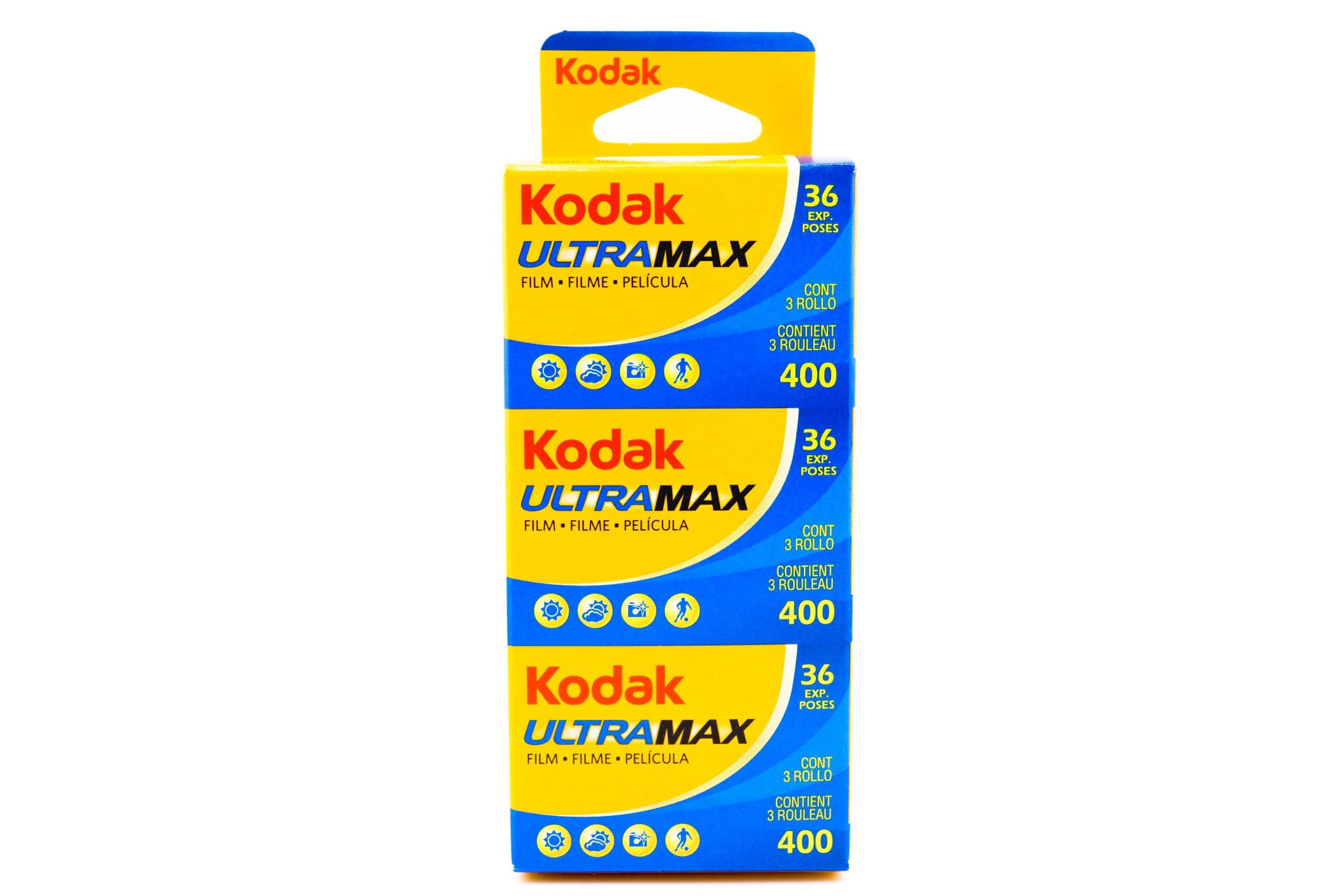 A 3-pack Kodak Ultramax 400 daylight-balanced film box on a white background. For 35mm cameras.