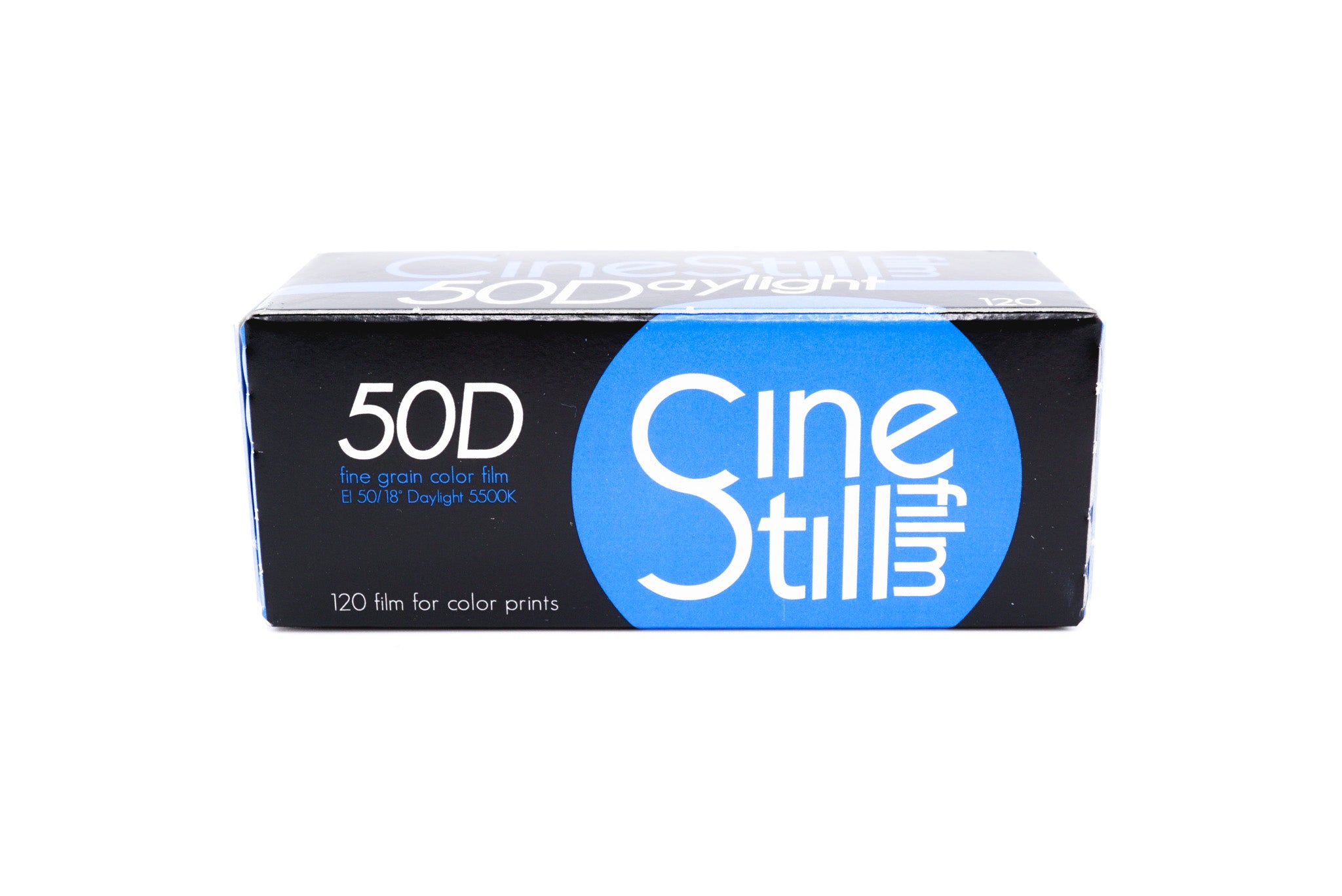 A CineStill 50D film in a package with a white background. 120mm film for medium format cameras.