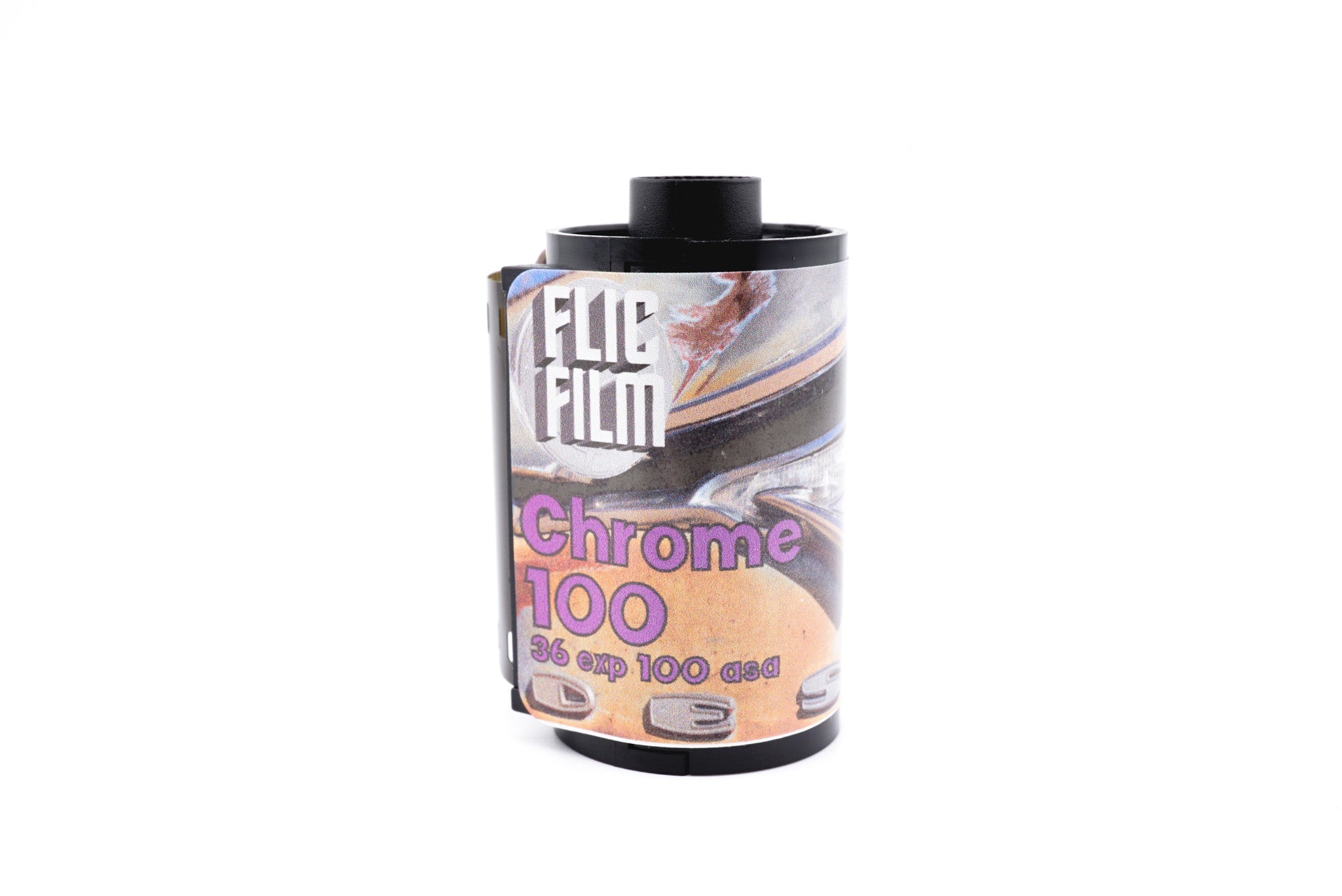 A single Flic Film Chrome 100 film roll on a white background. For 35mm film format cameras. 