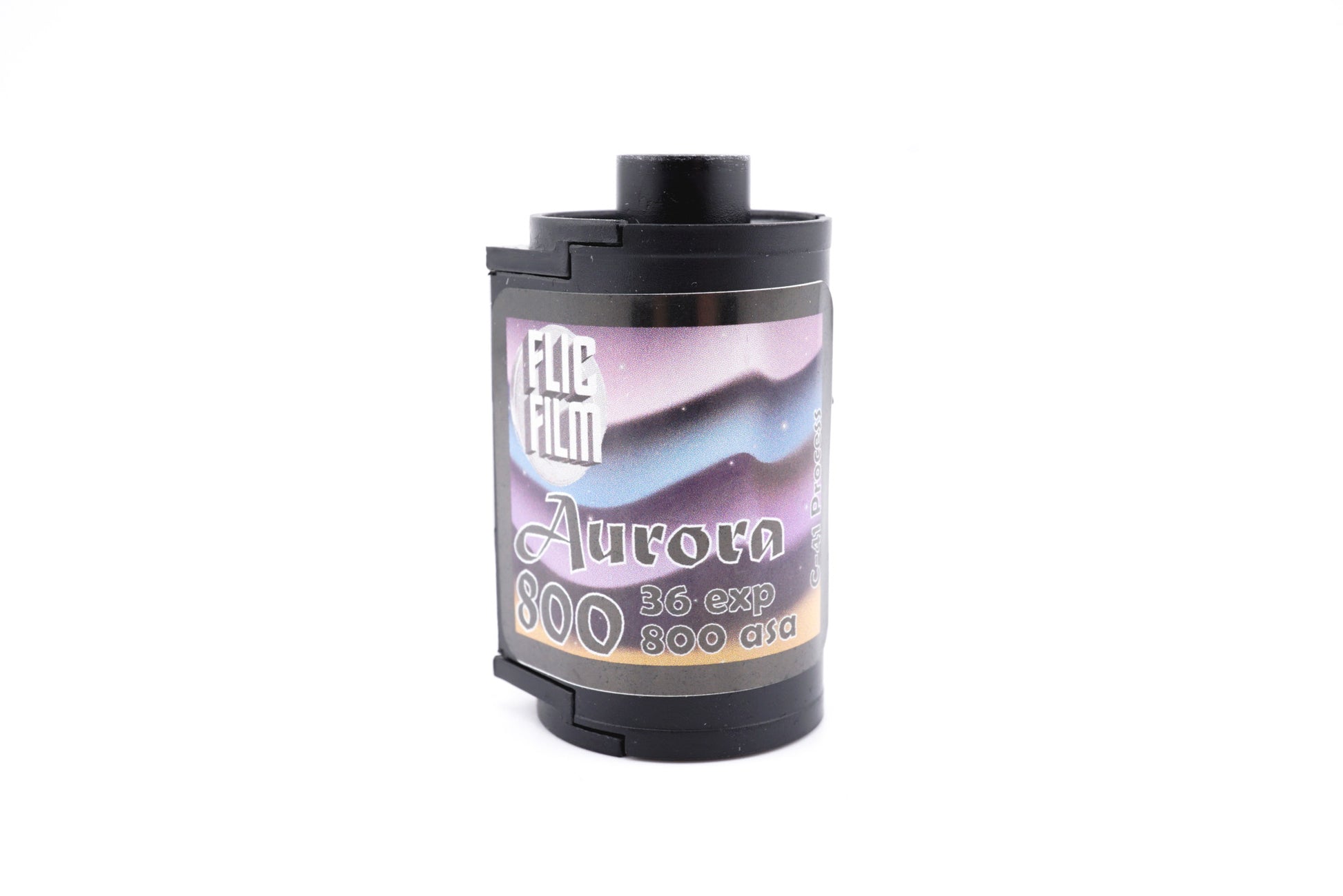 A single Flic Film Aurora 800 film roll on a white background. For 35mm film format cameras. 