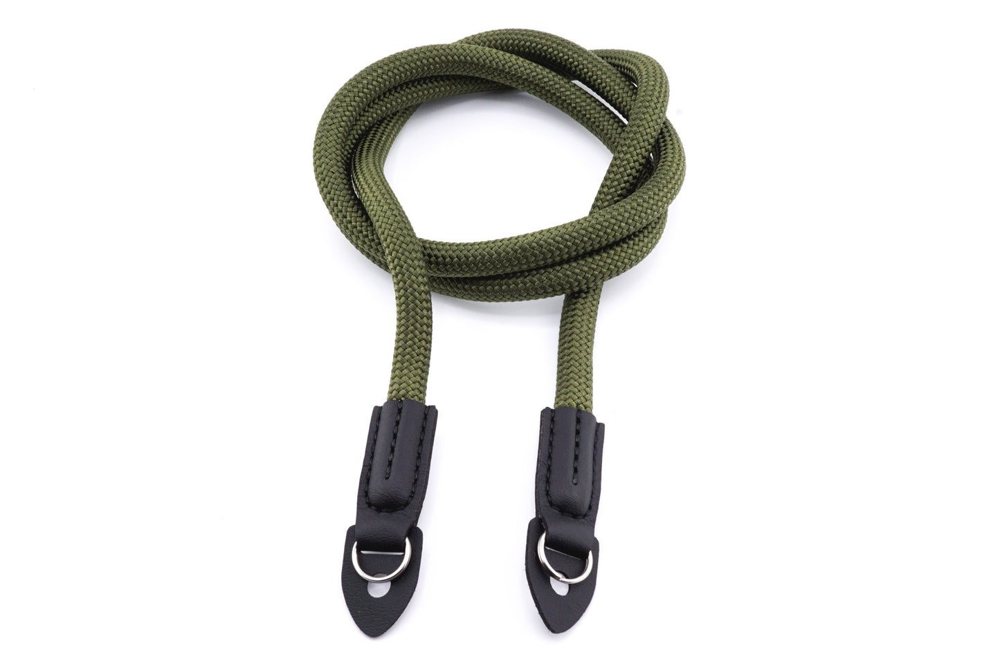 An olive rope camera strap on a white background.