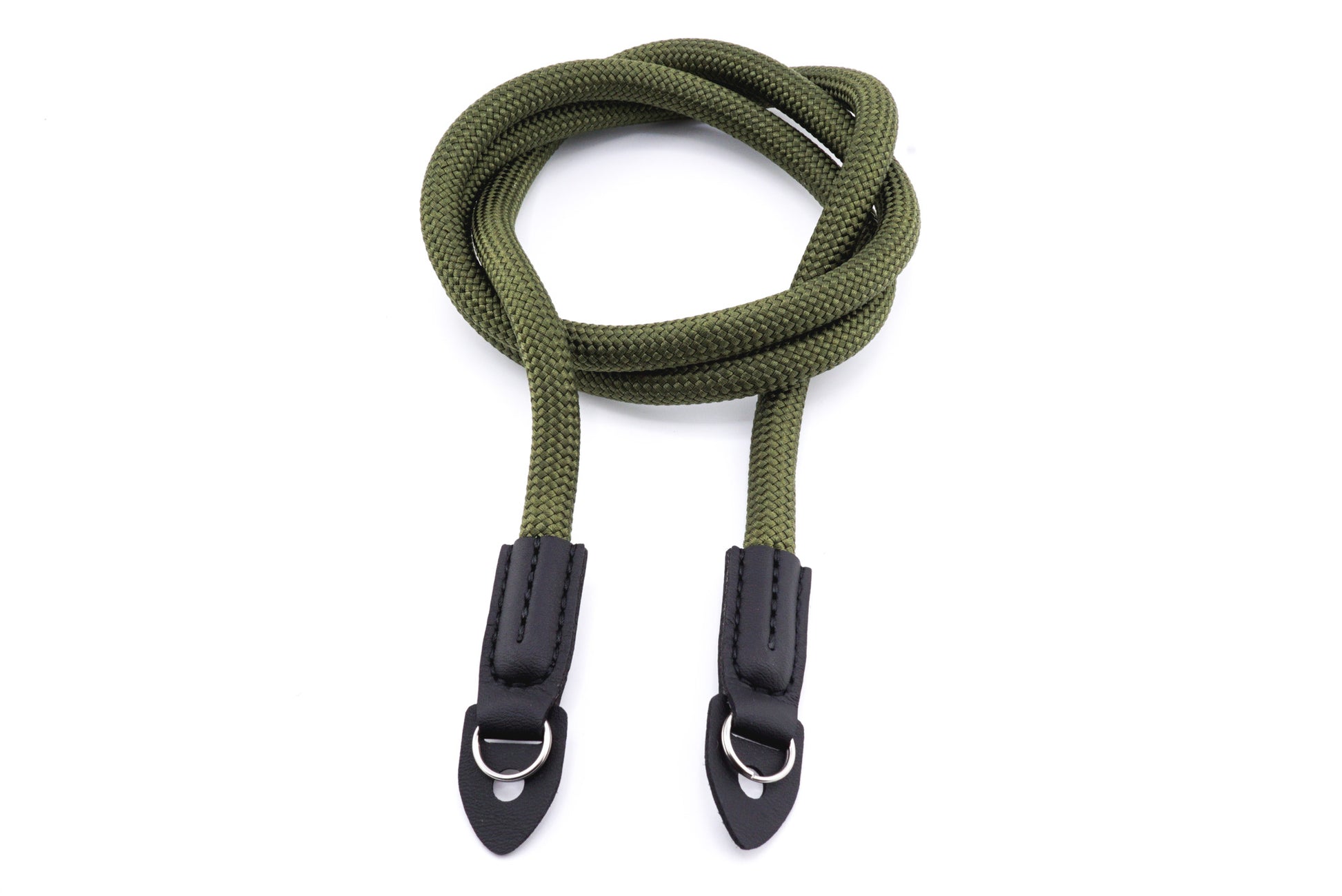 An olive rope camera strap on a white background.