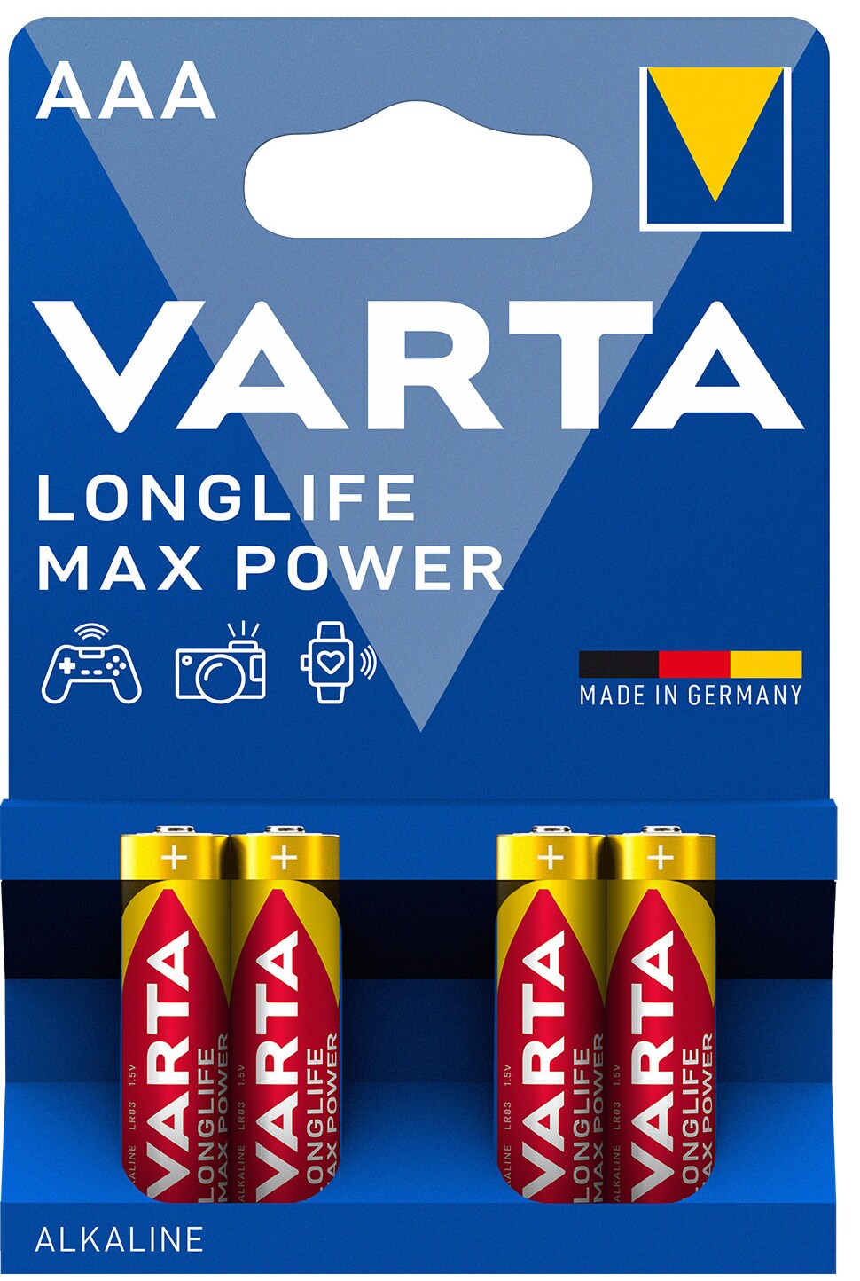 Batteries in a package on a white background. Varta 1x4 AAA 1.5V.