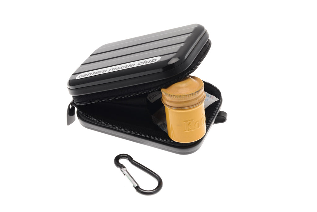 Camera Rescue Club case in black with a film roll and carabiner.