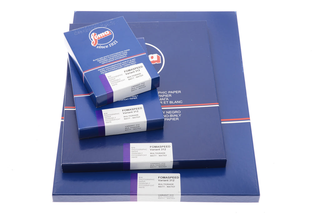 Different-sized Foma Fomaspeed matt photographic paper sheet boxes on a white background. 50 Sheets per box.