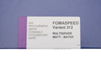 A close-up of a Foma Fomaspeed matt photographic paper sheet box info on a white background. 50 Sheets per box.