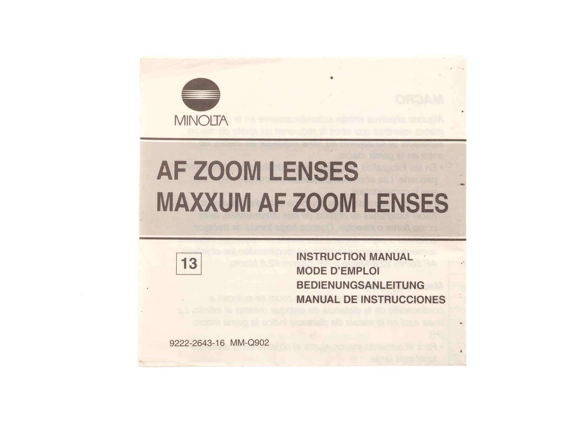 Minolta AF Zoom Lenses / Maxxum AF Zoom Lenses Instructions - Accessory