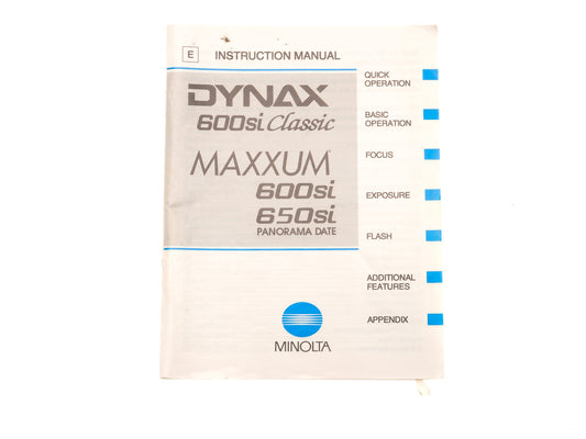 Minolta Dynax 600si Classic / Maxxum 600si / 650si Panorama Date Instructions - Accessory