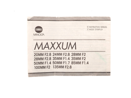 Minolta Maxxum Lenses Instructions - Accessory