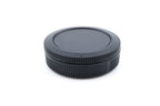 A durable black plastic cap set for protecting your camera body interiors and the back of your lens. Canon RF mount.